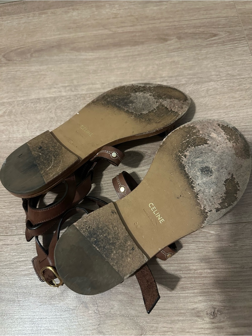 Celine Lympia Gladiator Brown Leather Studded T-Strap Women's Sandals Size 36 - Picture 4 of 6